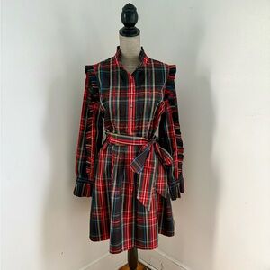 NWT J. Crew Belted Ruffle Dress in Black Stewart Tartan Large